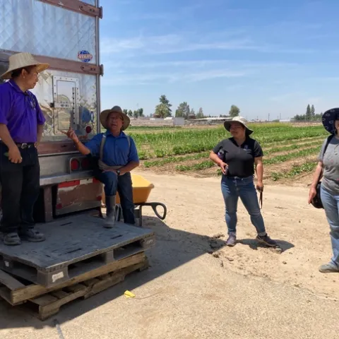 Four people stand around a refrigeration trailer next to a crop field.