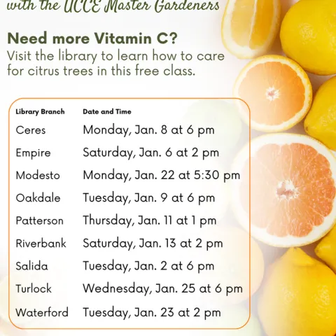 Images of citrus with dates of classes listed.