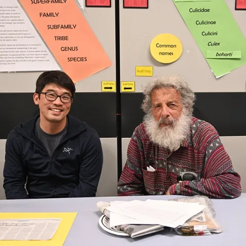 UC Davis distinguished professor emeritus Art Shapiro (right) of the Department of Evolution and Ecology and Louie Yang, professor, Department of Entomology and Nematology at the Bohart Museum of Entomology's recent open house on monarchs. (PHoto by Kathy Keatley Garvey)