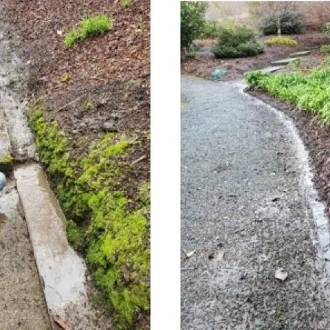 Left - person clearing a clogged gutter. Right - water flowing freely.