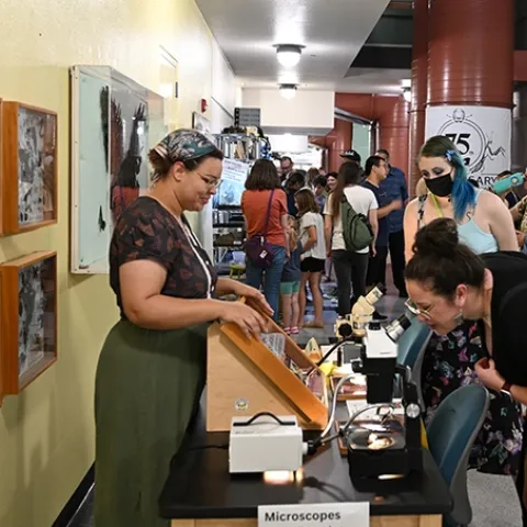 Iris Quayle of the laboratory of Jason Bond, director of the Bohart Museum, explains the differences between moths and butterflies. (Photo by Kathy Keatley Garvey)