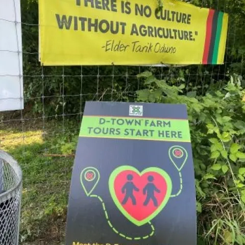 Colorful signs welcome visitors to lush urban farm