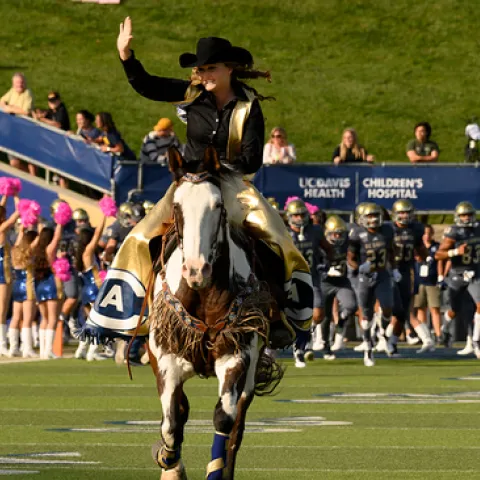 Cowgirl rides horse onto football field with cheerleaders and football players in background