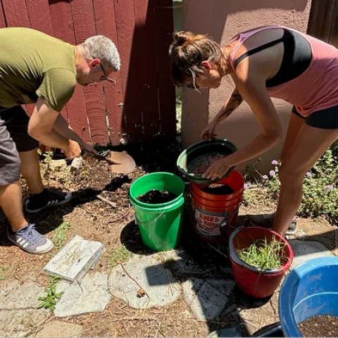 Two individuals sort finished compost into buckets.