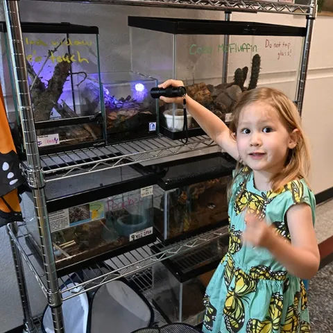 Thea Schmidt, 4, of Folsom points excitedly to the tenants of the live petting zoo at the Bohart Museum of Entomology. (Photo by Kathy Keatley Garvey)