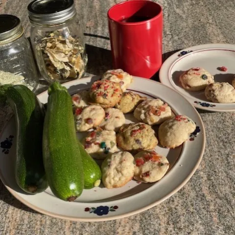 Zucchini plated with holiday decorated cookies (Photo credit to author).