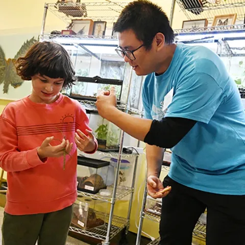 UC Davis entomology major Kaitai Liu chats with budding entomologist Eden Jett of Berkeley as she holds a walking stick. (Photo by Kathy Keatley Garvey)