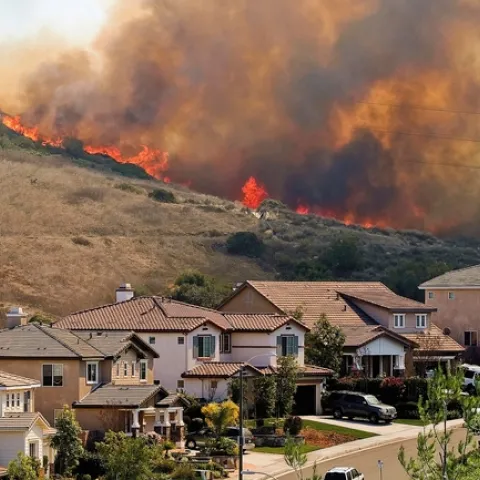Flames and smoke line a hillside behind a street of houses.