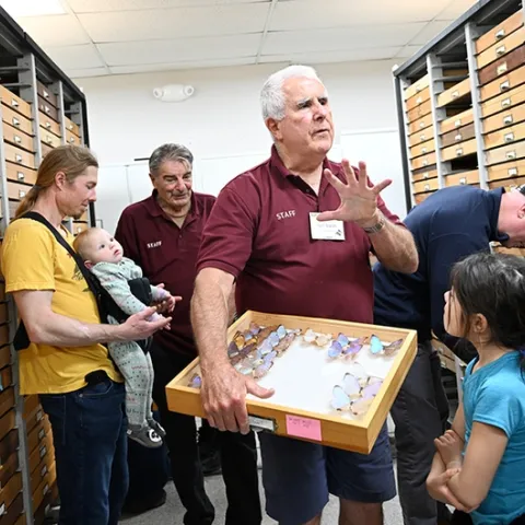 Jeff Smith (foreground), curator of the Bohart Museum of Entomology's global Lepidoptera, chats with guests. In back is Bohart associate Greg Kareofelas. (Photo by Kathy Keatley Garvey)