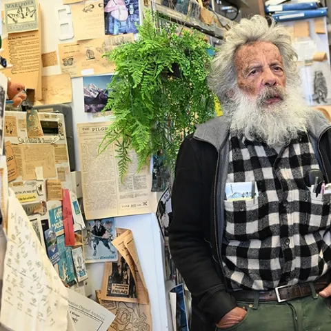 UC Davis distinguished professor emeritus Art Shapiro relates how he collected the 2025 winning cabbage white butterfly. (Photo by Kathy Keatley Garvey)