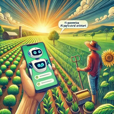 Phone with robot image in a farm field