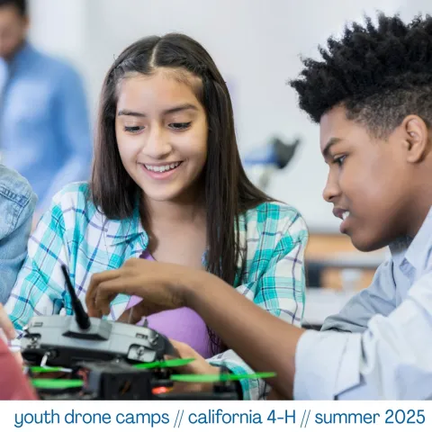 A small group of young people tinker with a drone