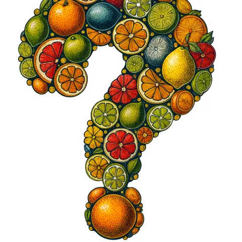 Question mark comprised of a collage of fruit