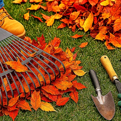 rake and other garden tools on grass lawn