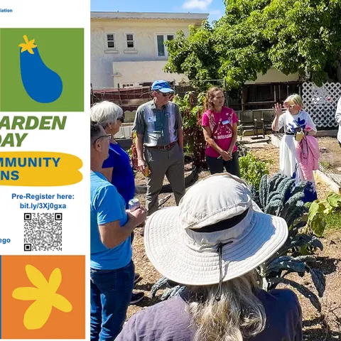 Happy people learning community gardening and colorful save the date flier
