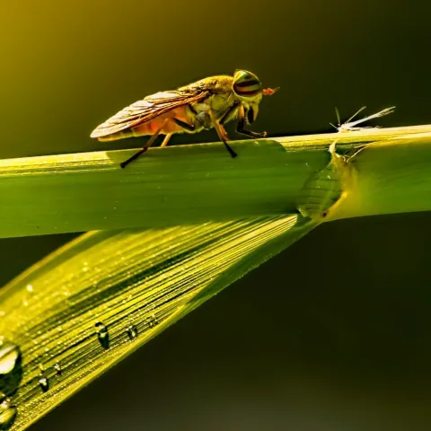 Fly-like insect on a green grass stem, from Canva