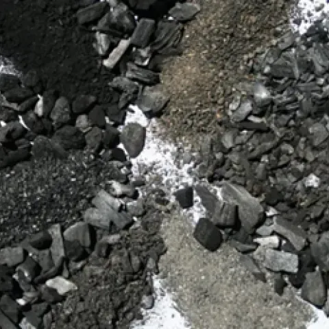 Piles of different sizes and colors of biochar