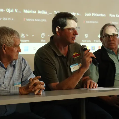 A person speaks into a microphone while two people listen on his left and right