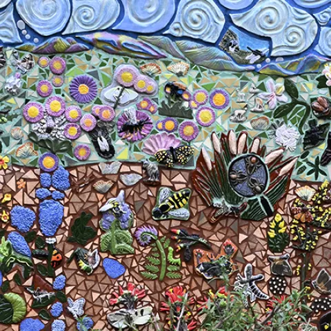 The first of two murals installed by UC Davis entomologists Emily Meineke and Diane Ullman by the Plant Nursery, UC Davis Arboretum and Public Garden.