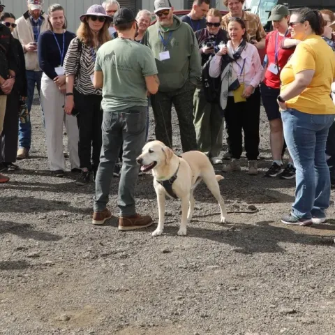 Mark Vick, acompañado de su perro JJ, responde a preguntas de los asistentes.