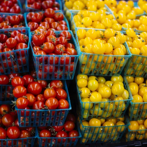 Baskets of cherry tomatoes on display in the produce section of a grocery store.