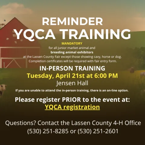 YQCA Training, Tuesday April 21, 6pm - Jensen Hall LC Fairgrounds