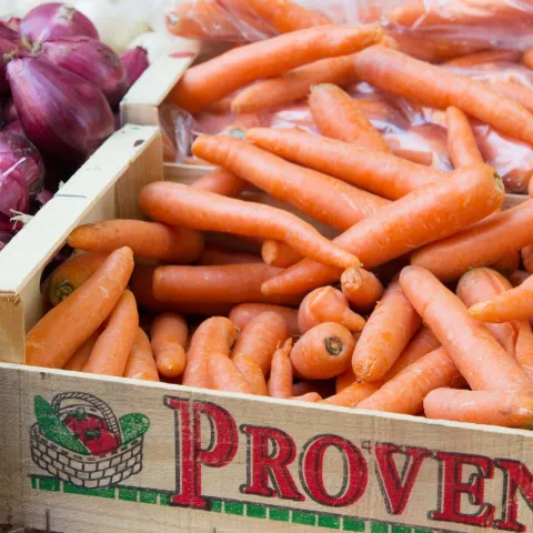 Purple onions and orange carrots in wooden crates