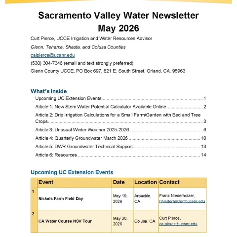 Image of first page of Glenn County UCCE Sacramento Valley Water Newsletter May 2026