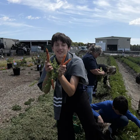 Un niño muestra un racimo de zanahorias a la cámara.