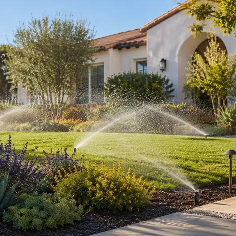 A landscape manager checks an irrigation controller as sprinklers water a Southern California front yard with lawn, trees, flowering plants, and drought-tolerant landscaping.