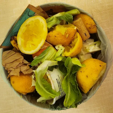 Colorful fruit and vegetable scraps in a bowl on a kitchen counter.
