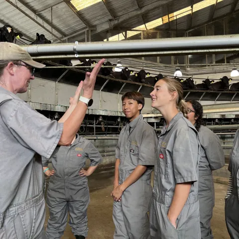 Deniece Williams, left, talks to vet med interns about rotary milking parlors