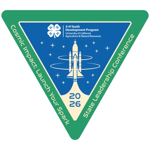 Triangle shaped logo green border blue background. UC ANR 4-H branding and State Leadership Conference theme for 2026 " Cosmic Impact: Launch Your Spark"