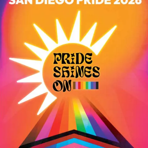 San Diego Pride 2026 poster with the text Pride Shines On, featuring a stylized sun and rainbow colors in a variety of shapes.