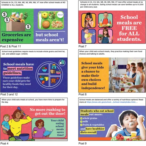 Facebook messages shown to parents in the school meal promotion group for the study. 