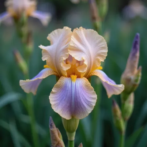 Iris flower in garden. Light purple and orange color