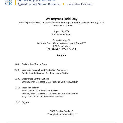 Watergrass Field Day agenda and meeting details for upcoming meeting August 19th.