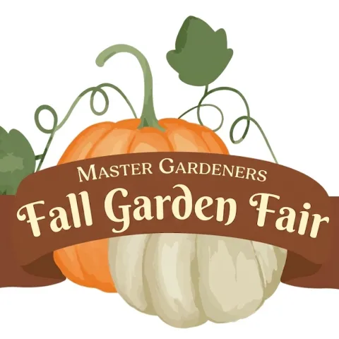 Fall Garden Fair logo with orange and white pumpkins behind a Fall Garden Fair banner