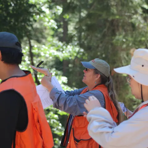Group of people in orange vests use a compass.