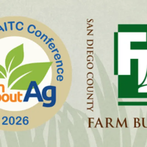 Banner with “California AITC Conference” and “Learn About Ag 2026” logo on the left, and “AND JOB MEDIC COMMUNITY” and a “Farm Bureau” logo with green book and leaf on the right.