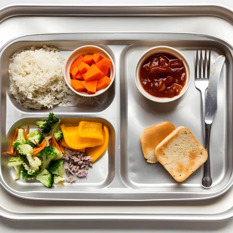 metal lunch tray filled with a variety of food
