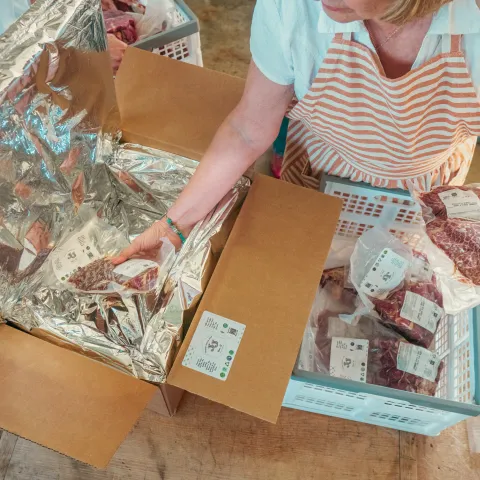 A person wearing an apron places vacuum-packed beef into a lined cardboard shipping box.