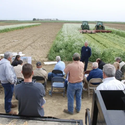 About 20 people sitting in folding chairs and standing on the edge of a crop field listen to a man speak. Two harvesters are running side by side in the field behind the speaker