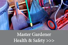 Master Gardener Health & Safety button with a photo of rakes and shovels