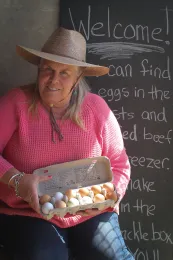 Kitty Dolcini at her egg stand