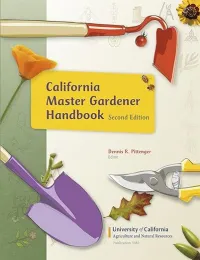 Book cover for the "California Master Gardener Handbook, Second Edition," featuring gardening tools and flowers, with the title and editor's name prominently displayed.