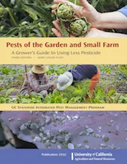Book cover for "Pests of the Garden and Small Farm" featuring a garden scene with two people tending to plants, emphasizing sustainable pest management.