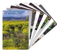 A stack of "Weed Pest Identification and Monitoring Cards" featuring images of various plants and a green landscape.
