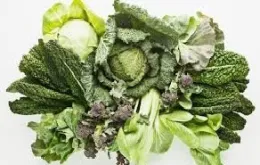 A variety of leafy green vegetables, including kale, cabbage, and different types of lettuce, arranged from above.