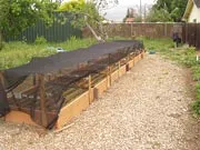 A raised wooden garden bed for growing carrots, covered with a black row cover, surrounded by a gravel path in a garden.